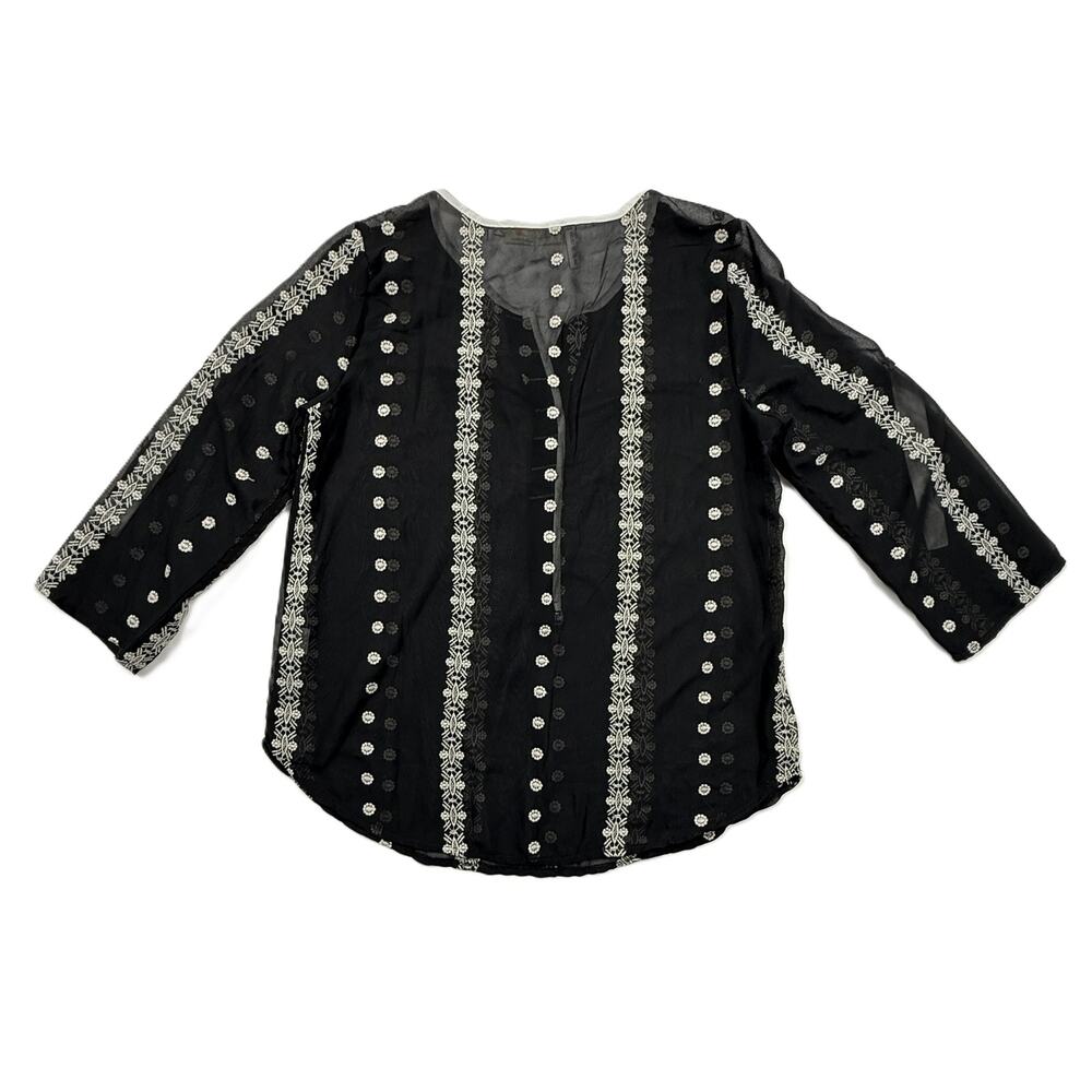 90s Black Floral Embroidered Tunic Shirt Sheer Bohemian Blouse Ethnic Size S - Picture 3 of 11